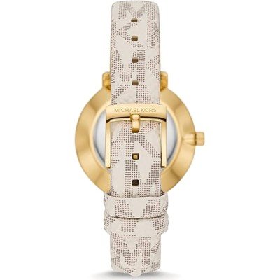 Back view of Michael Kors Pyper MK1037 watch case showing Michael Kors branding and cream patterned strap