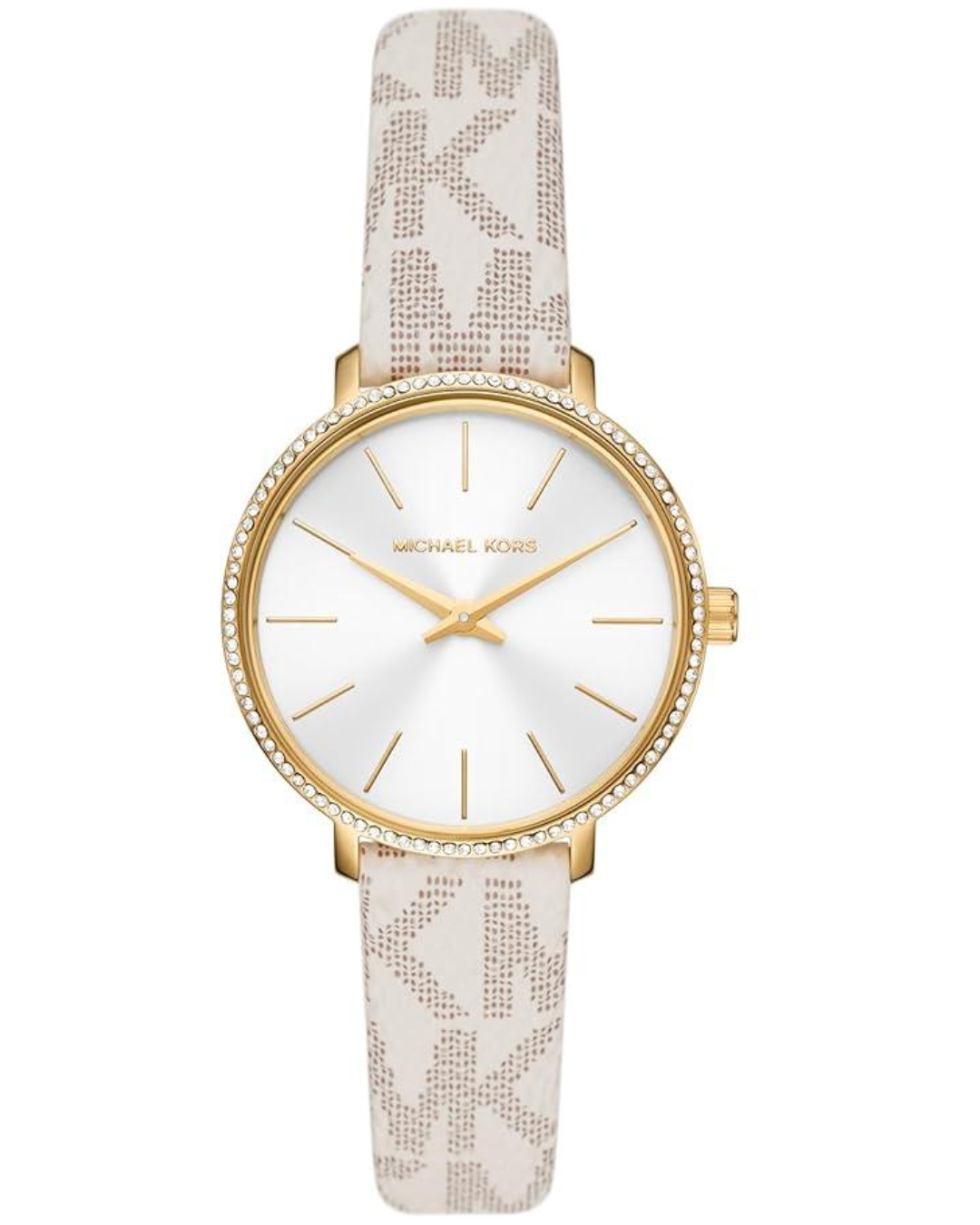 Michael Kors Pyper MK1037 watch with round gold case, crystal bezel, silver dial, and cream patterned leather strap