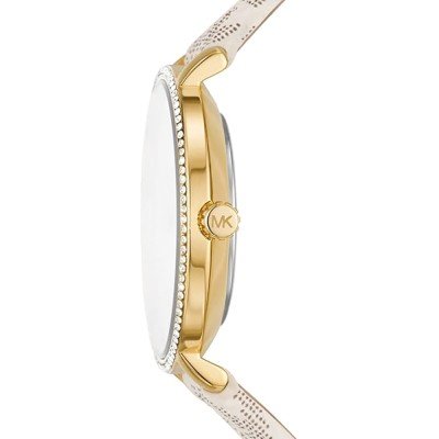 Side view of Michael Kors Pyper MK1037 watch showing gold case with crystal bezel and cream leather strap