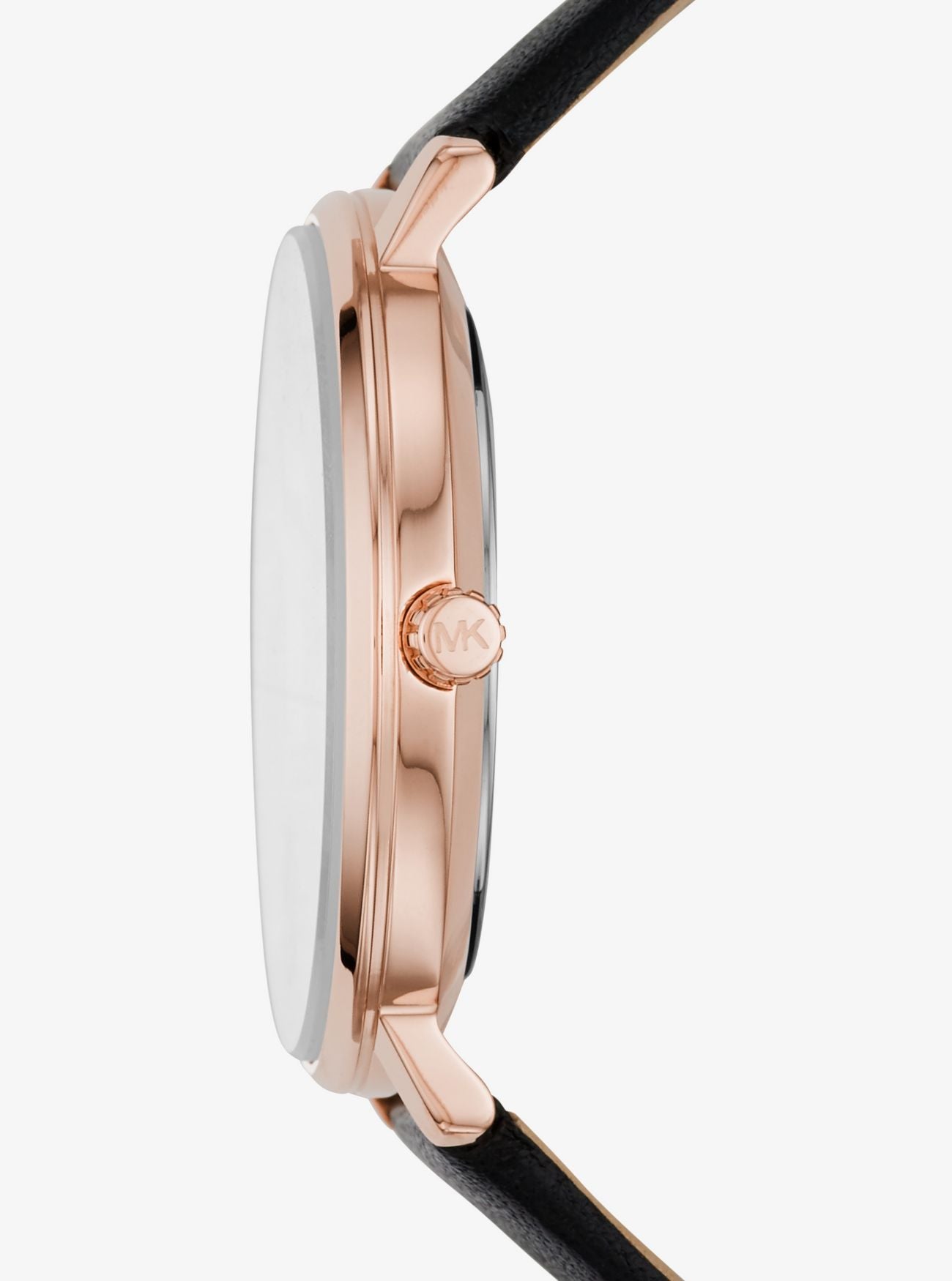 Side view of Michael Kors Pyper watch showing rose gold case profile and black leather strap