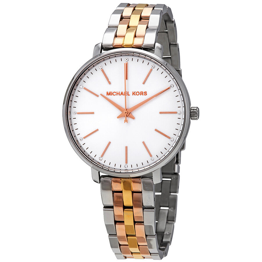 Michael Kors Pyper silver dial ladies watch with tri-tone bracelet and rose gold accents