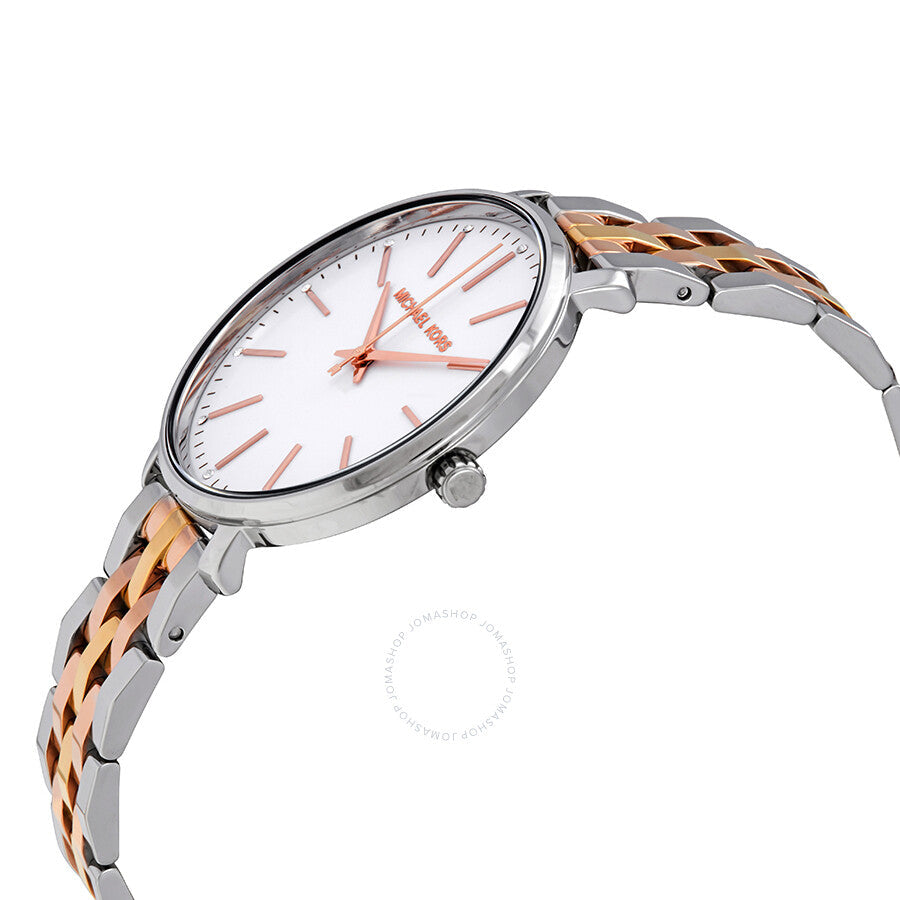 Michael Kors Pyper ladies watch angled view showing tri-tone stainless steel bracelet