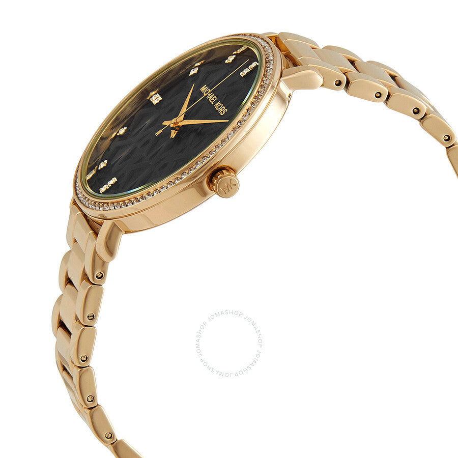 Michael Kors Pyper watch side view showing black dial, gold case, and bracelet