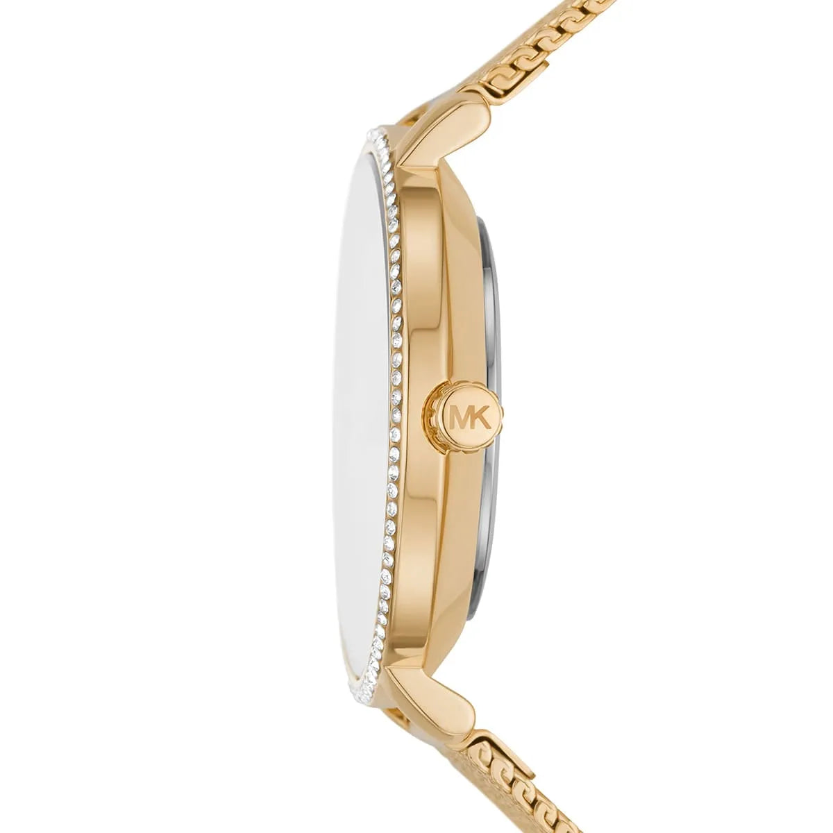 Michael Kors Pyper watch case profile showing crystal bezel and gold-tone finish