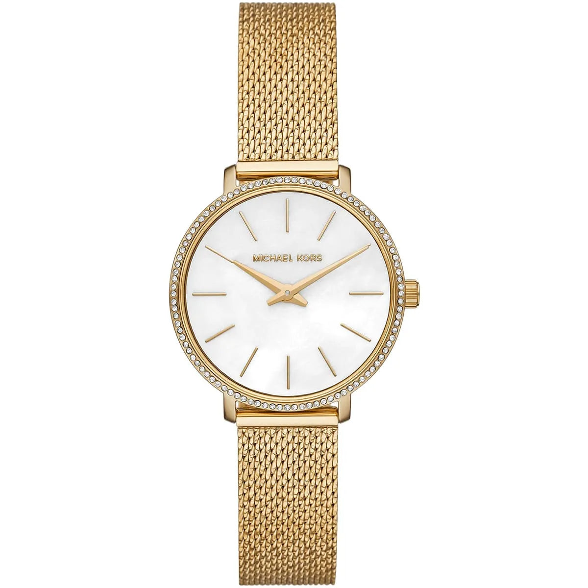 Michael Kors Pyper gold mesh watch with white mother-of-pearl dial and crystal bezel