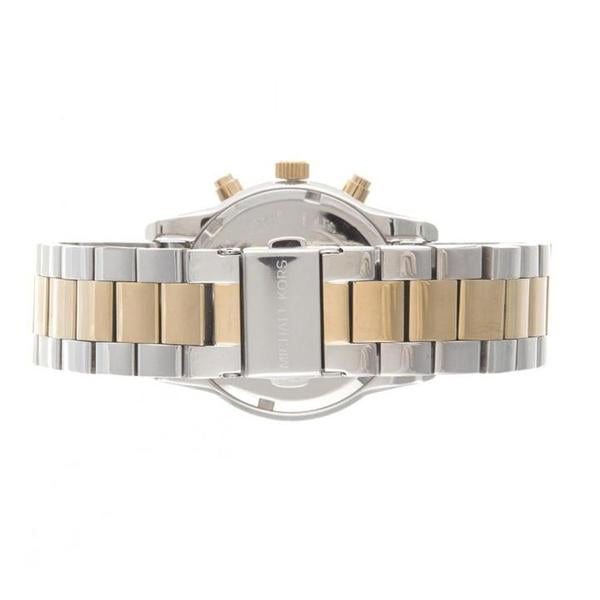 Michael Kors Ritz watch caseback view showing two-tone mixed metal bracelet