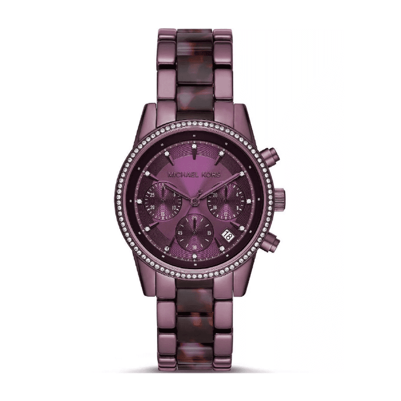 Michael Kors Ritz chronograph watch with purple dial and purple steel strap