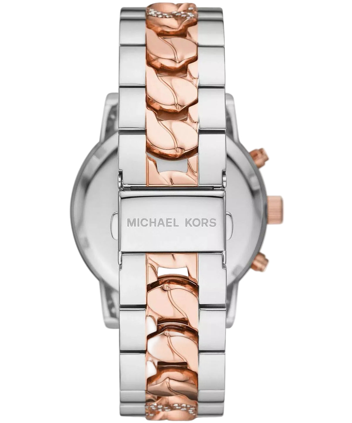 Michael Kors Ritz chronograph watch rear view showing rose gold and silver two-tone bracelet