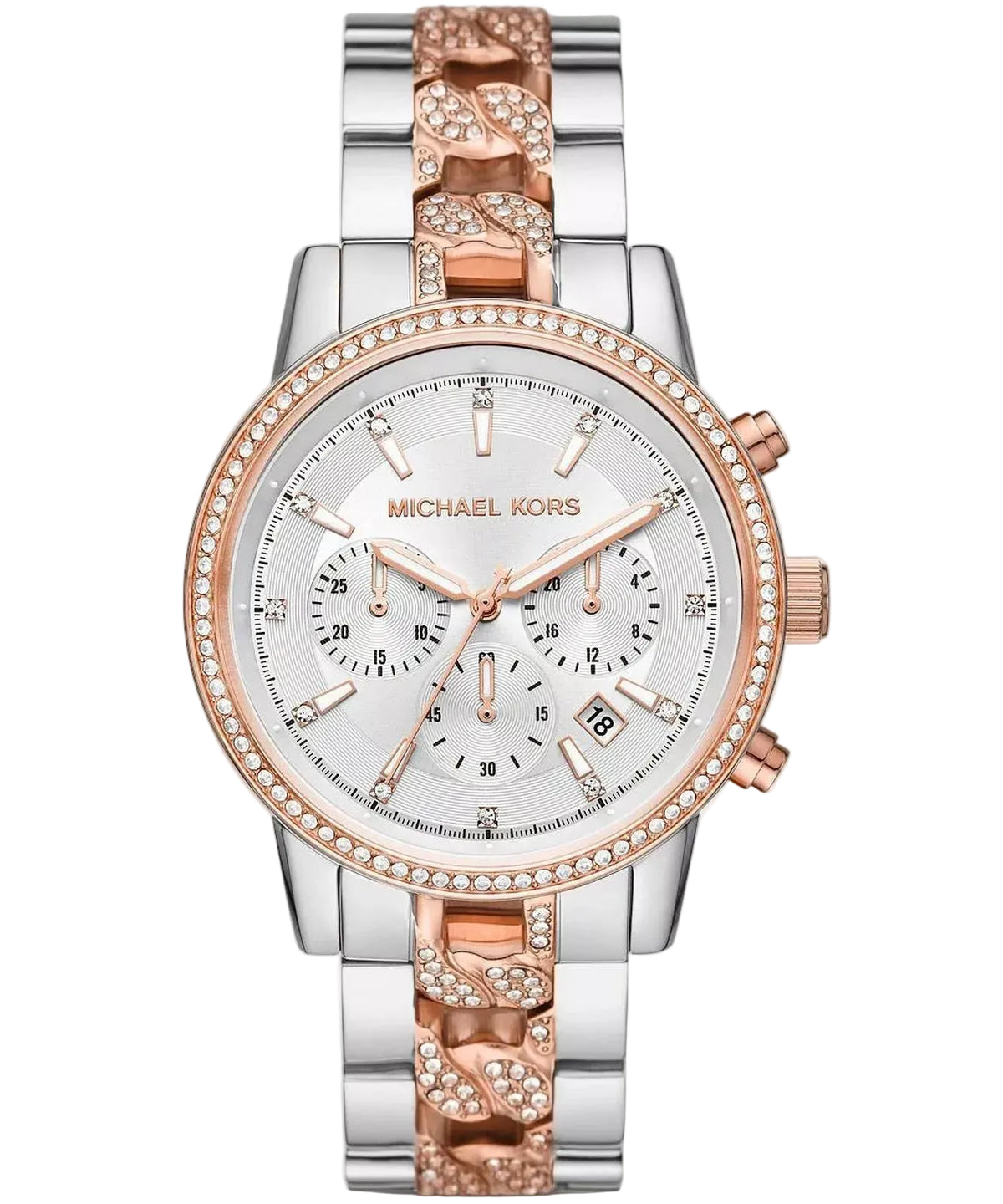 Michael Kors Ritz chronograph watch with white crystal dial and two-tone rose gold silver bracelet