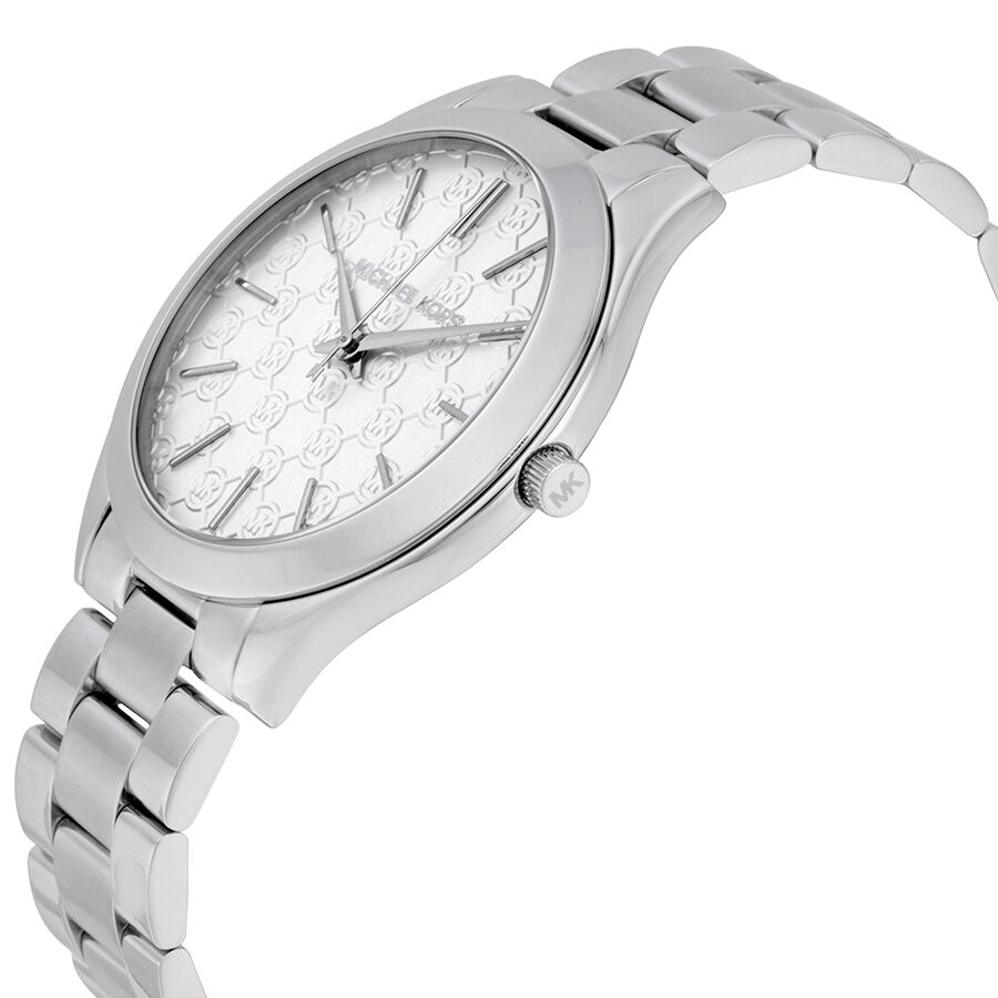 Michael Kors Runway stainless steel watch with silver dial side angle view