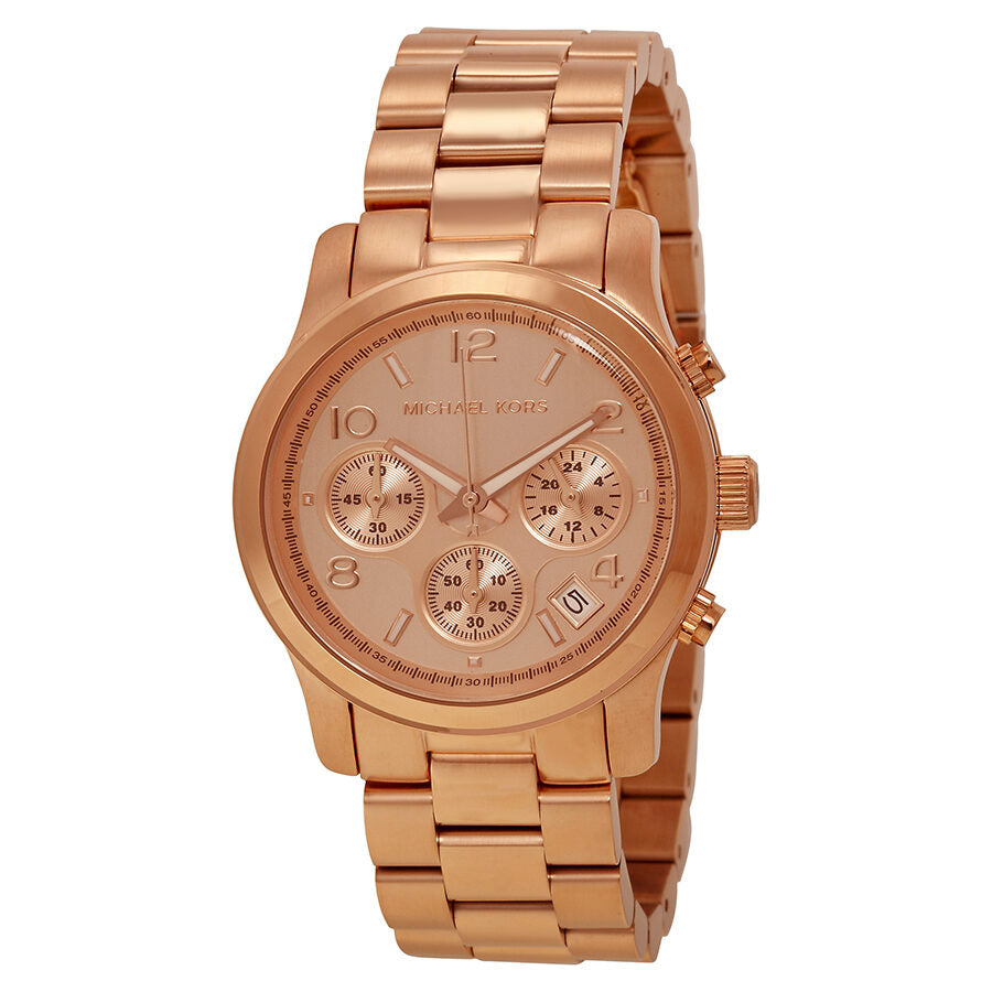 Michael Kors Runway MK5128 chronograph watch with rose gold-tone case and bracelet, gold dial