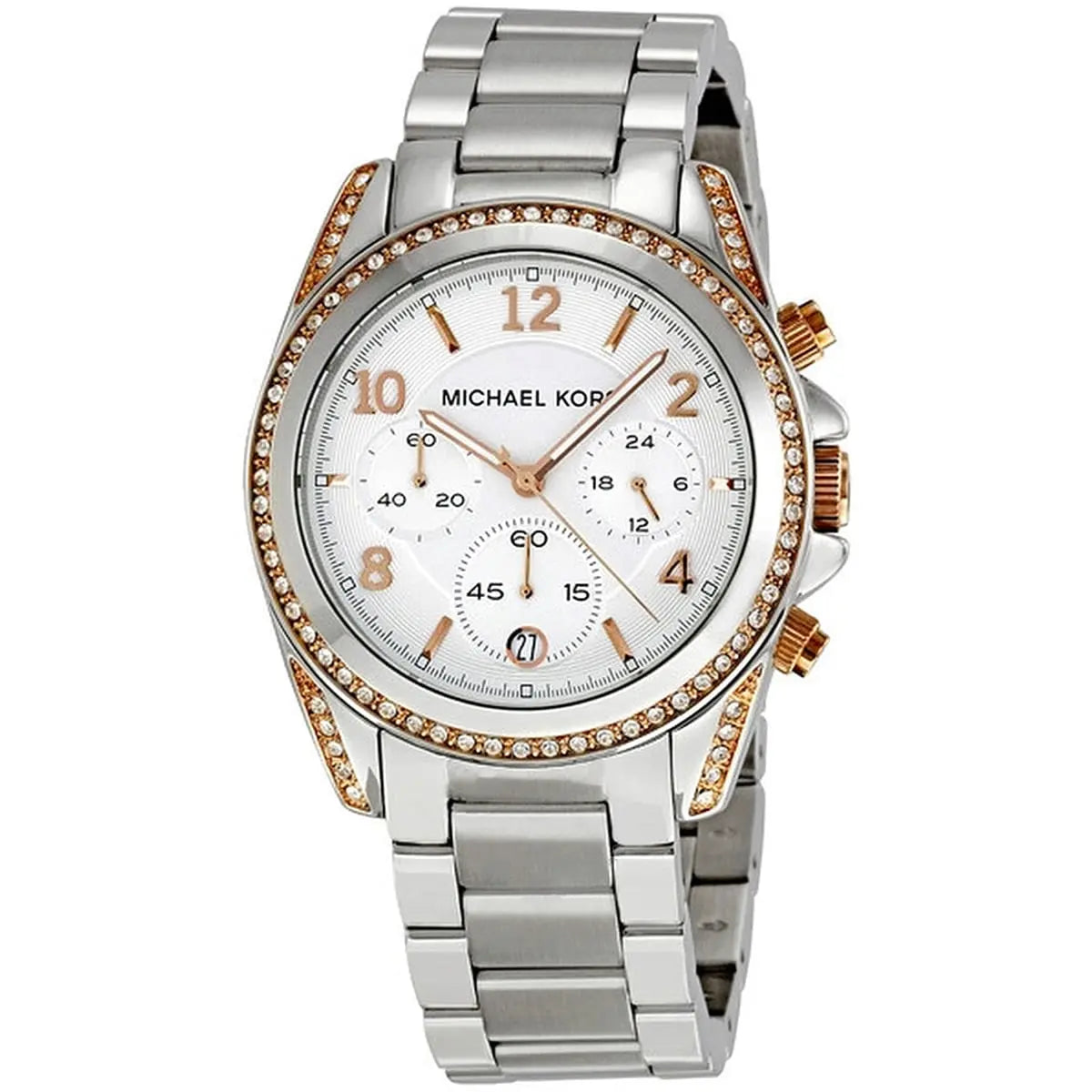 Michael Kors Runway MK5459 three-quarter view showing silver stainless steel bracelet and crystal bezel