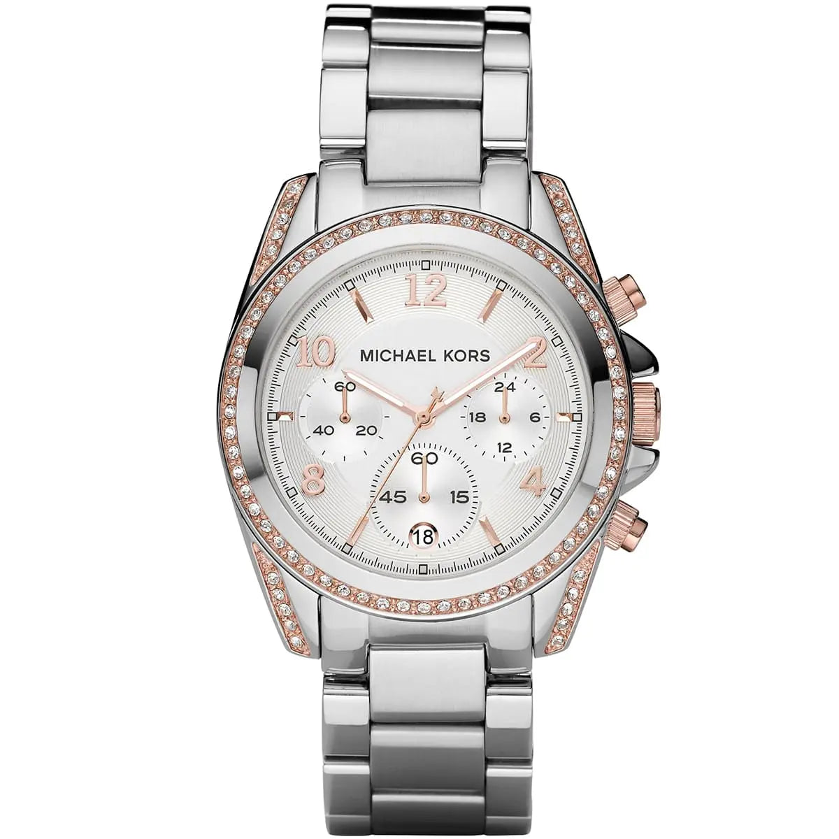 MK5459 chronograph watch front view with silver dial, rose gold numerals and crystal bezel
