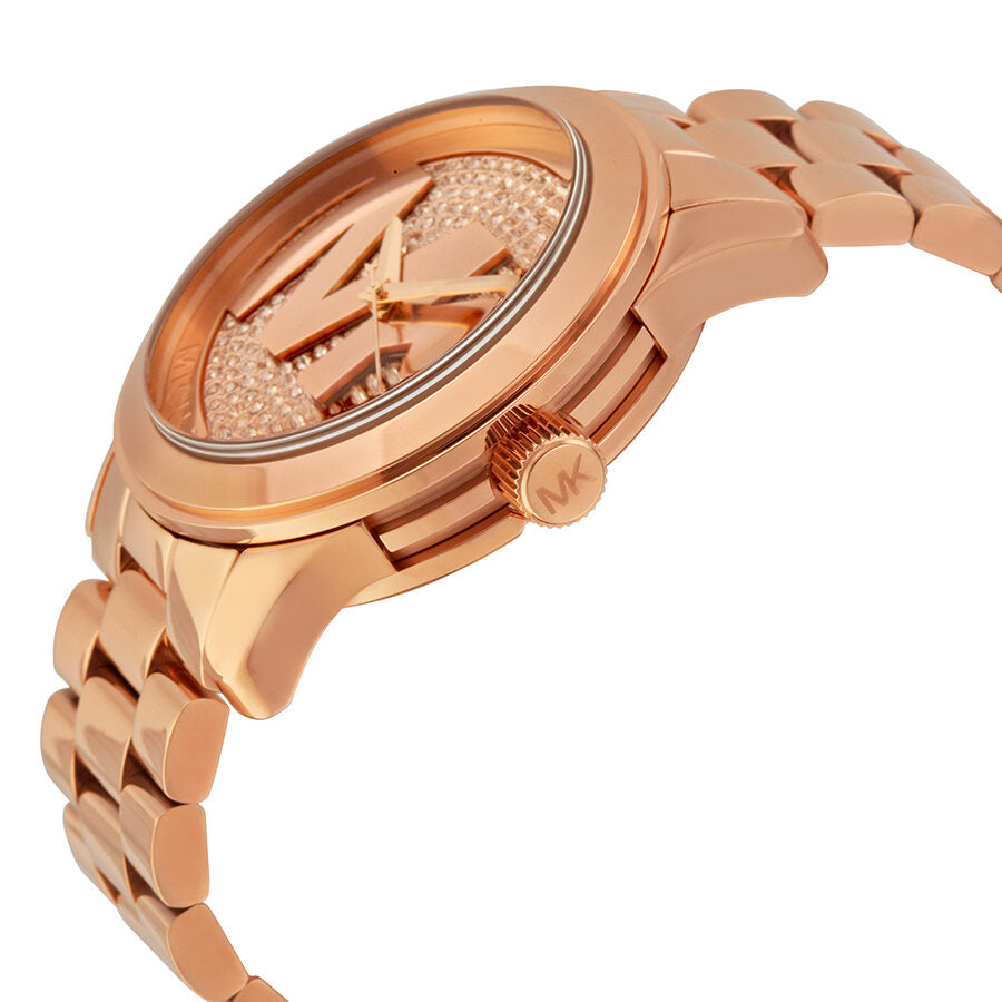 Michael Kors Runway MK5661 watch shown from side angle displaying crown and bracelet links
