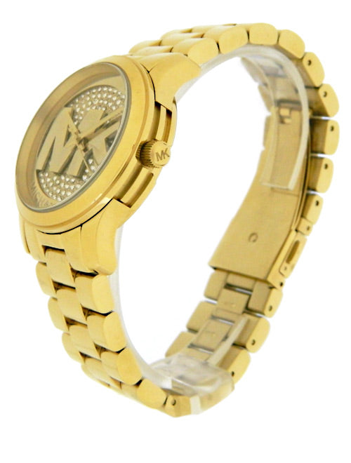 Michael Kors Runway gold tone watch shown at angle with full bracelet strap visible