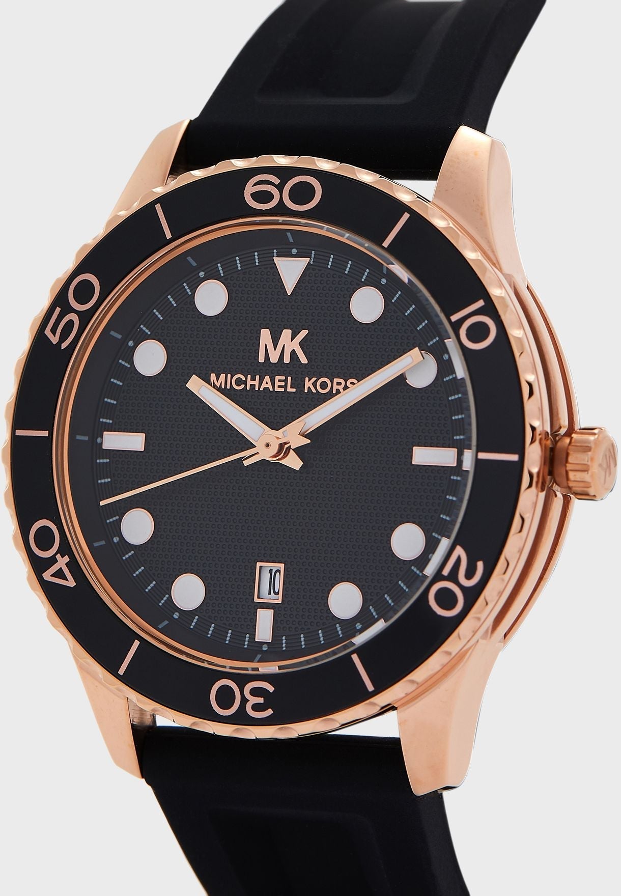 Michael Kors Runway MK6852 angled view showing rose gold case with black dial
