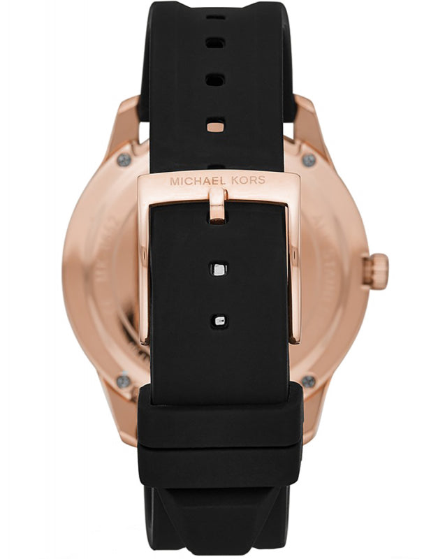 Michael Kors Runway MK6852 black silicon strap with rose gold buckle