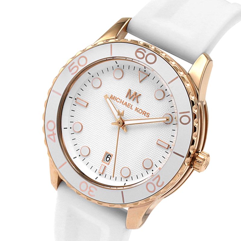 Angled view of Michael Kors Runway women's watch showing white strap and rose gold case detail