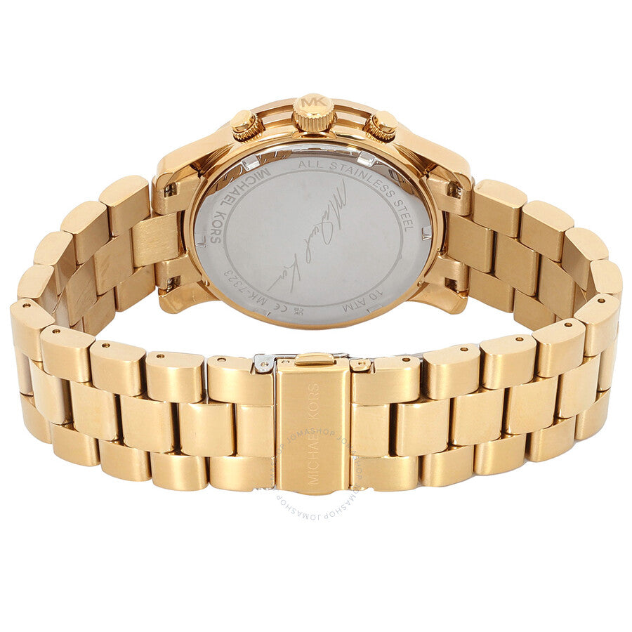 Michael Kors Runway watch caseback showing gold-tone stainless steel case and deployment clasp