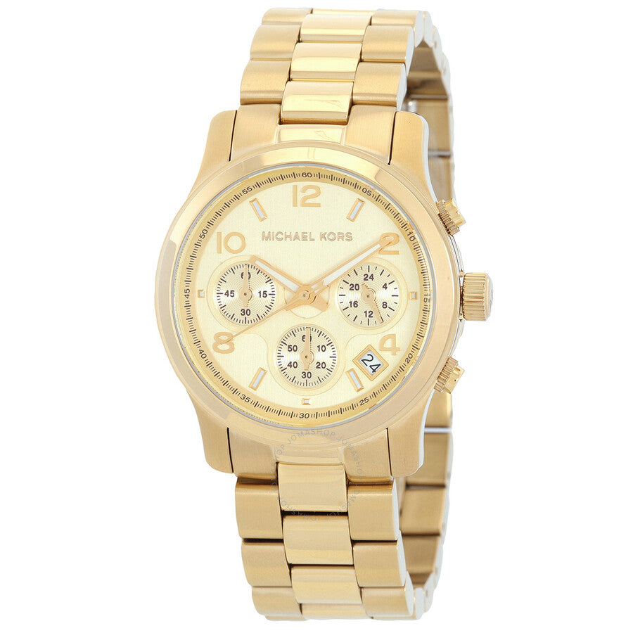 Michael Kors Runway gold chronograph watch with gold dial and three subdials on matching bracelet