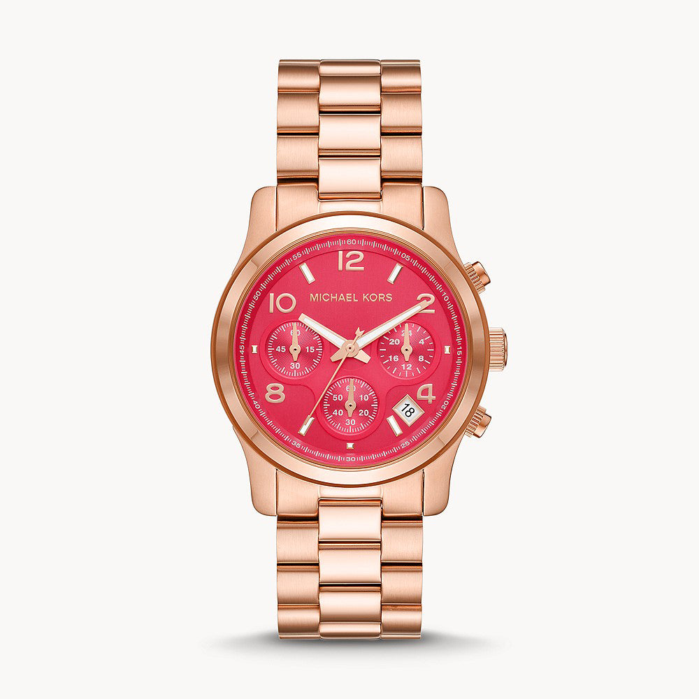 Michael Kors Runway rose gold chronograph women's watch with pink dial and link bracelet