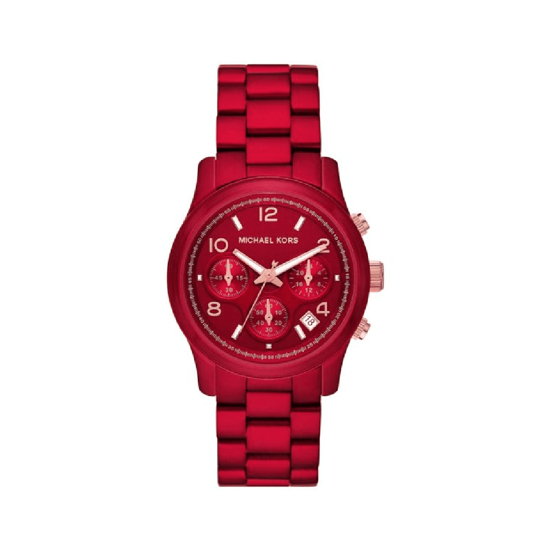 Red Michael Kors Runway 38mm chronograph watch with matching red metal band