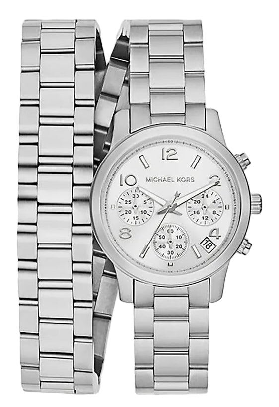 Michael Kors Runway Chronograph silver chronograph watch with dual wrap bracelets and white dial