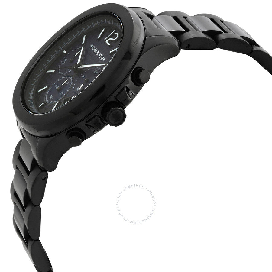 Side profile of Michael Kors Sage chronograph watch showing black case and bracelet