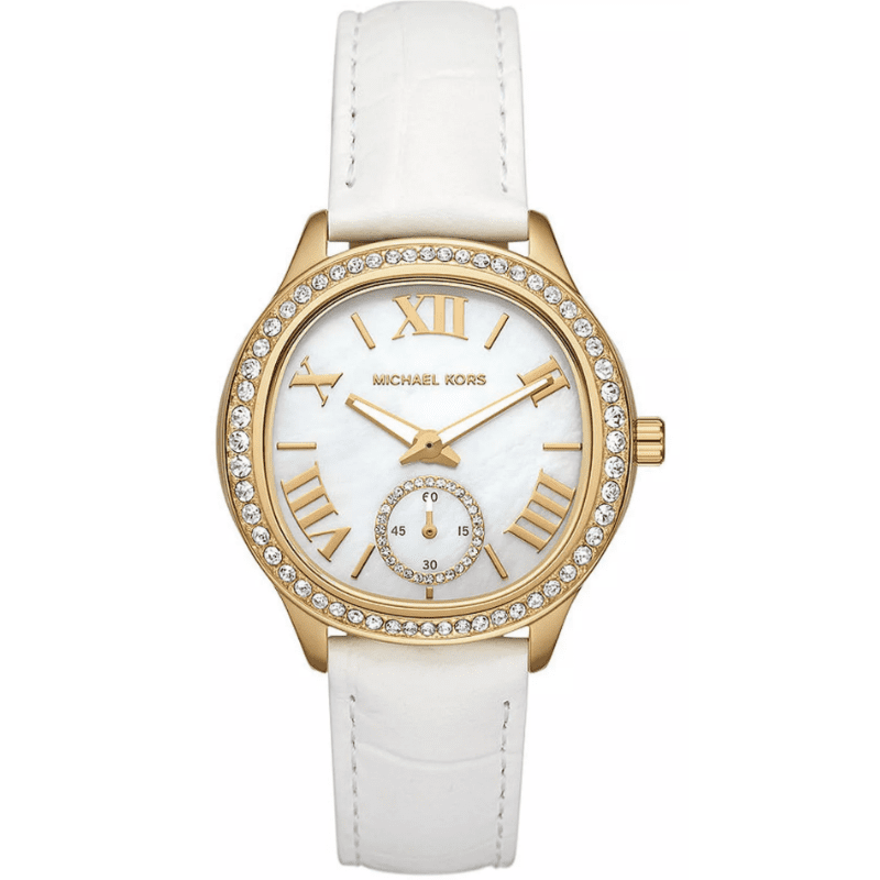 Michael Kors Sage gold-tone watch with pavé crystal bezel, white dial, Roman numerals, and white crocodile embossed leather strap