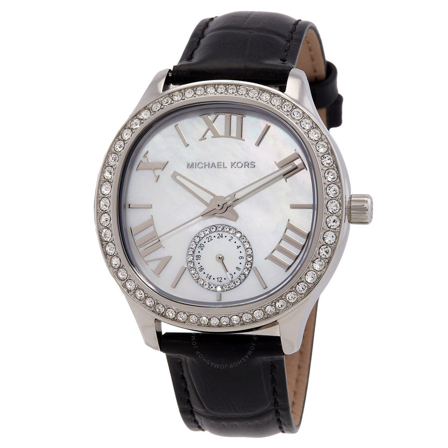 Michael Kors Sage quartz watch with mother of pearl dial, crystal-set bezel, and black leather strap