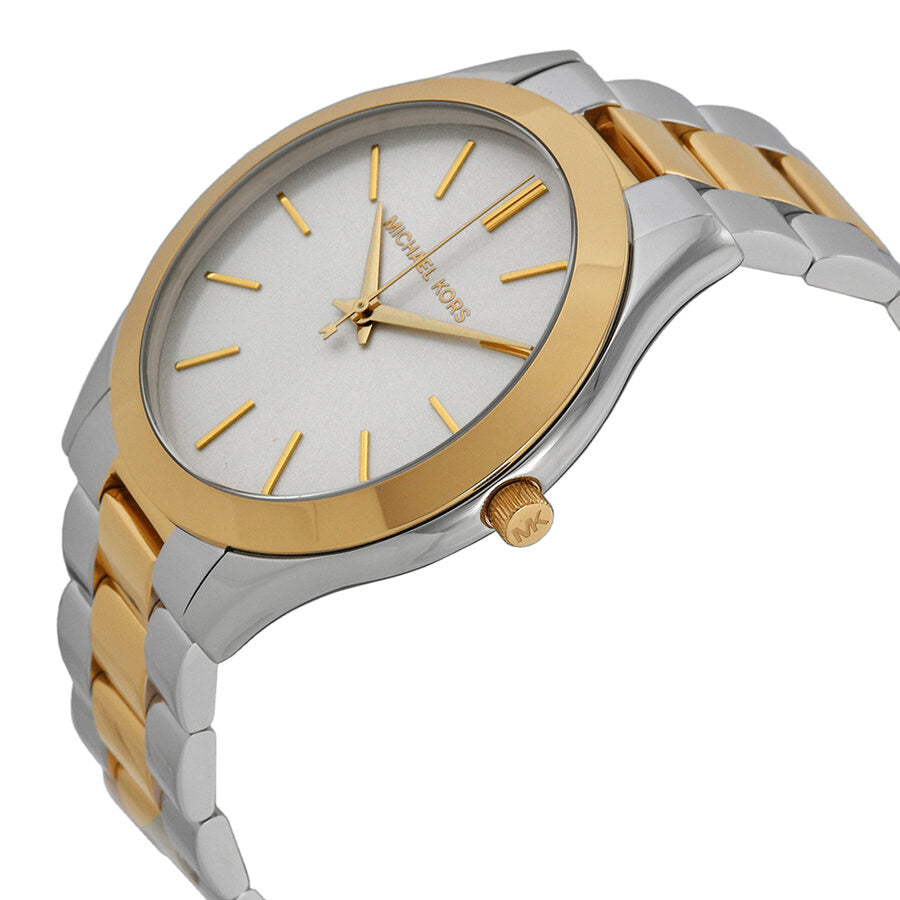 Michael Kors Slim Runway watch angled view showing two-tone bracelet and round case