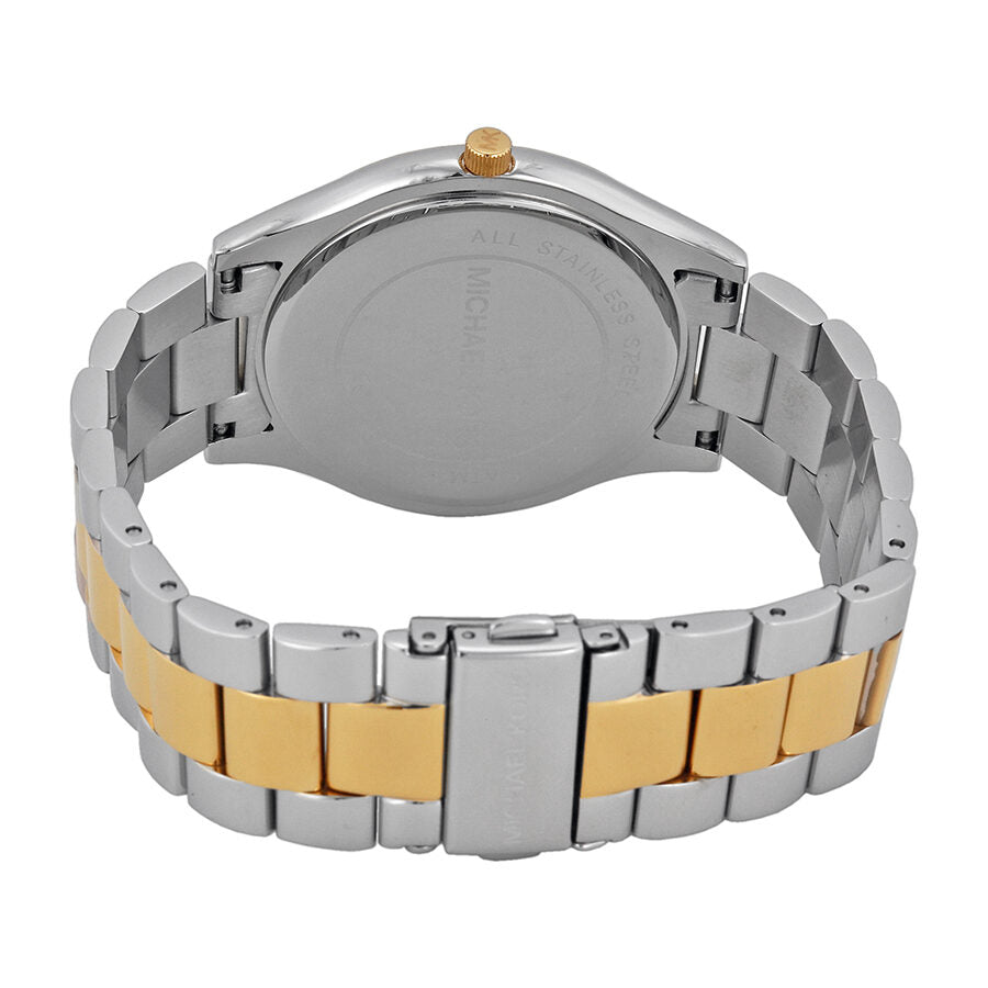 Michael Kors Slim Runway watch caseback showing two-tone stainless steel bracelet