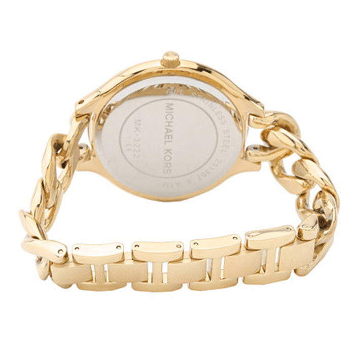 Gold-tone case back of Michael Kors Slim Runway watch with branding