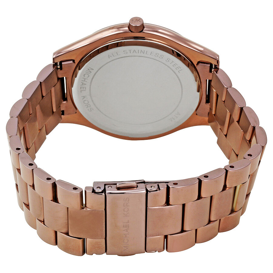 Michael Kors Slim Runway watch caseback showing stainless steel case back and rose-tone bracelet