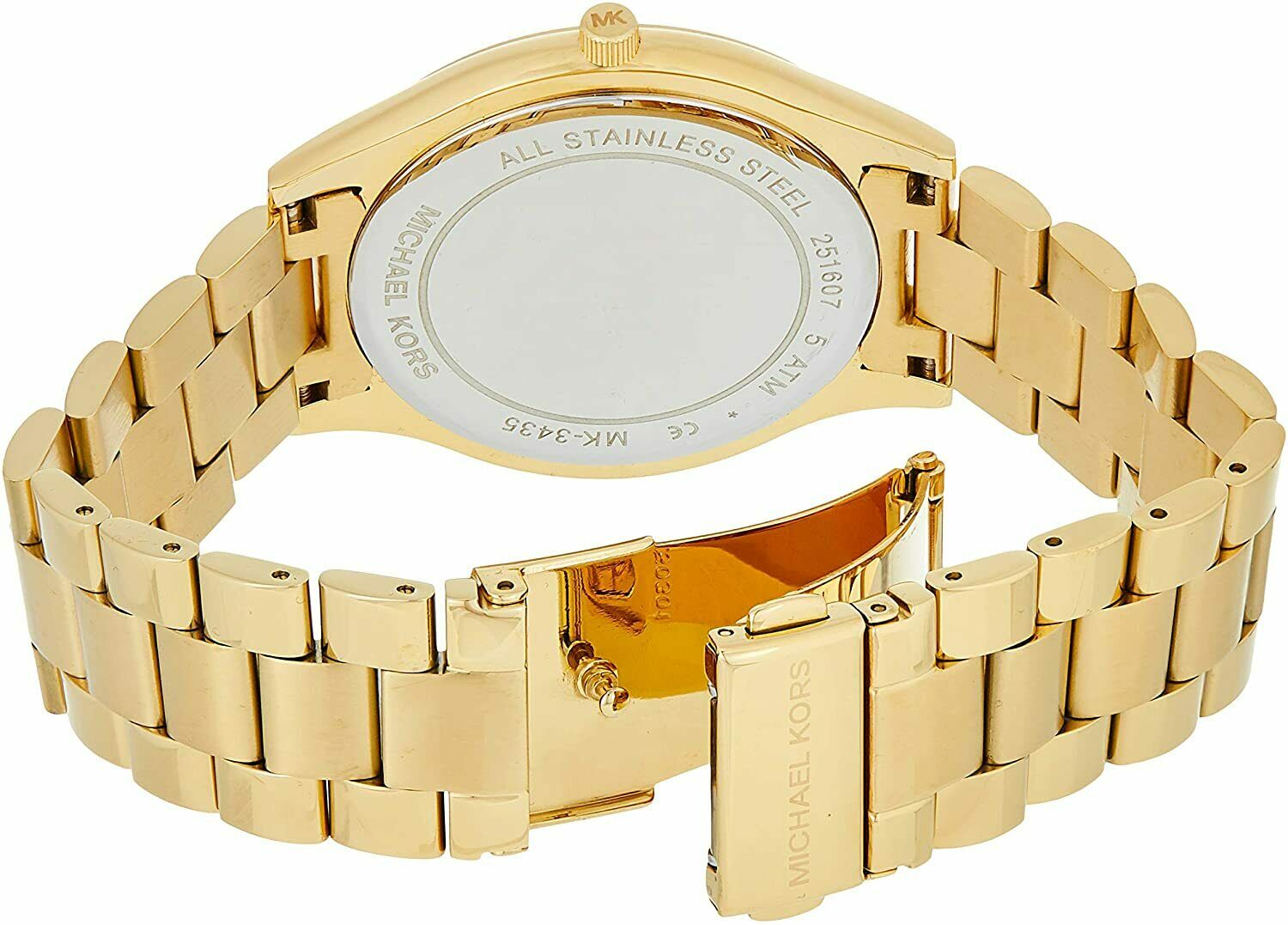 Back view of Michael Kors Slim Runway watch case with stainless steel bracelet