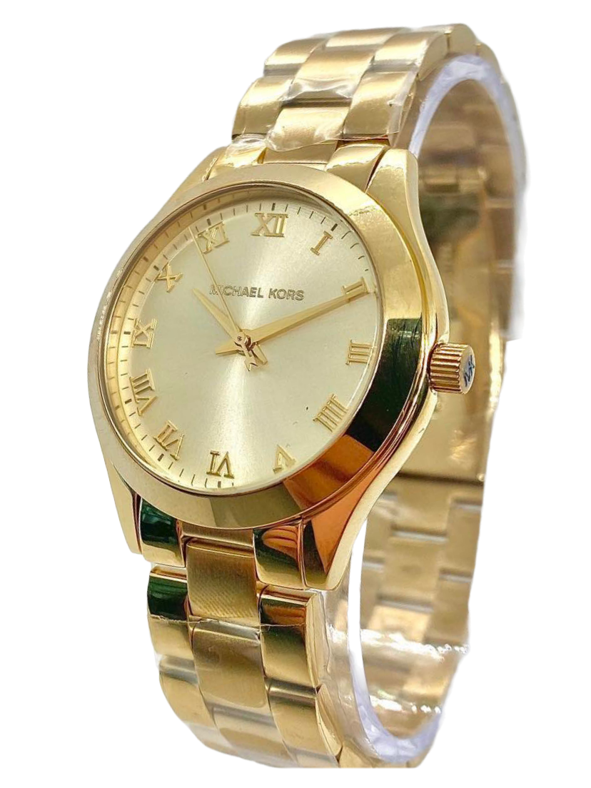 Michael Kors Slim Runway watch angled view showing gold bracelet and dial with Roman numerals