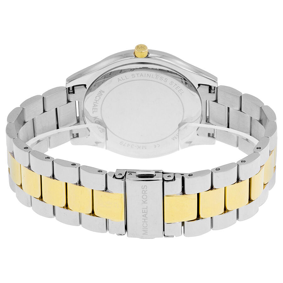 Back of Michael Kors Slim Runway watch showing stainless steel two-tone bracelet and caseback