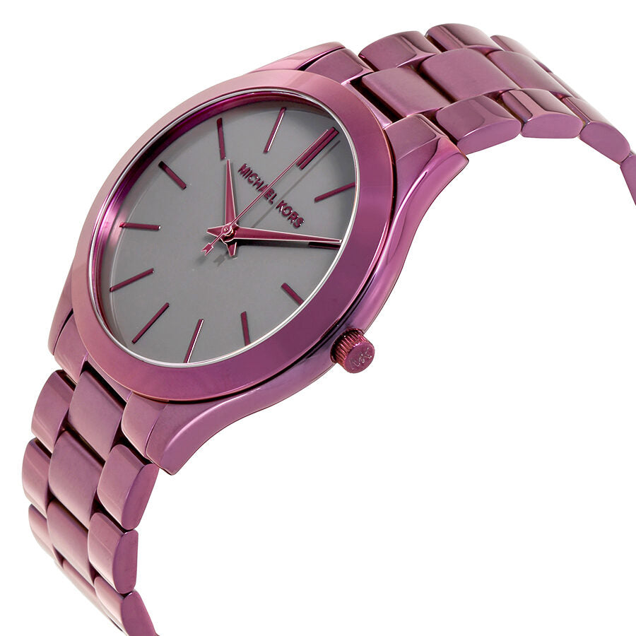 Michael Kors Slim Runway watch angled view showing purple case and black dial