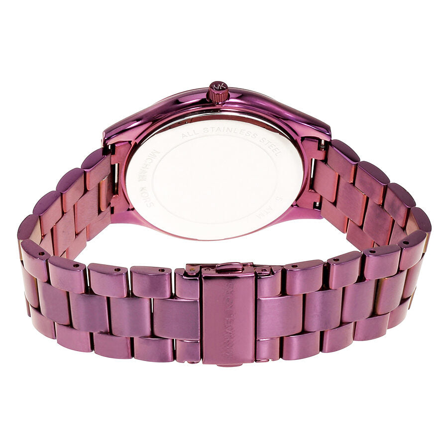 Michael Kors Slim Runway watch caseback showing purple stainless steel bracelet