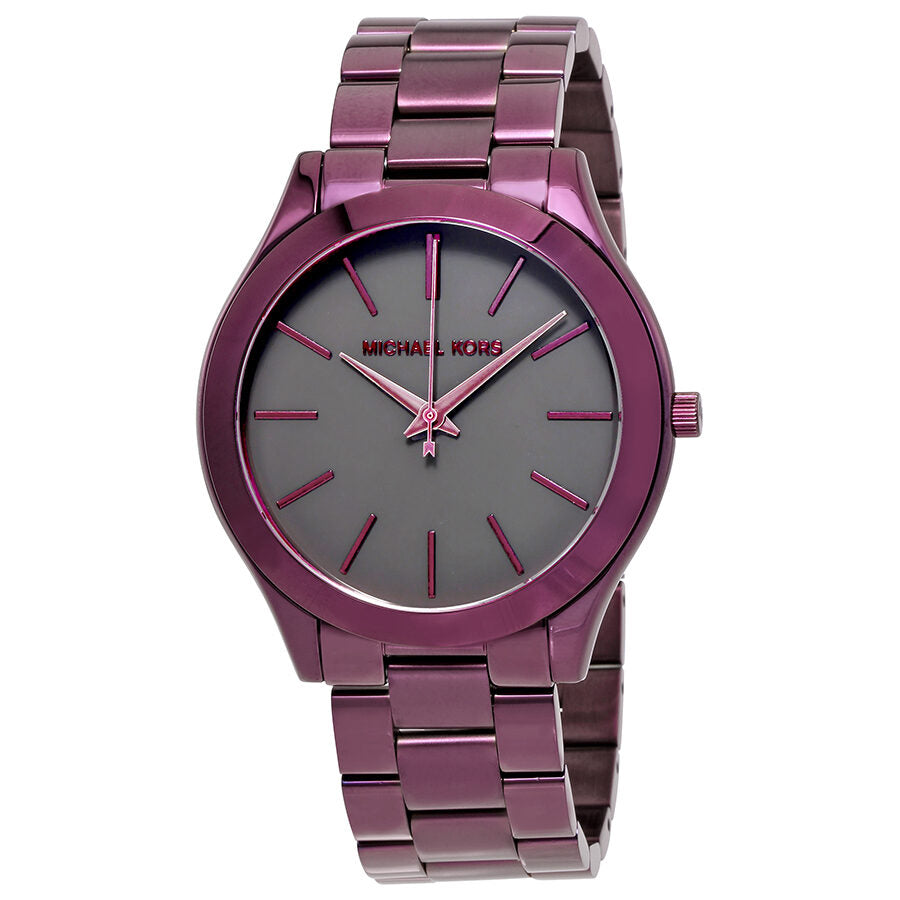 Michael Kors Slim Runway ladies watch with black dial and purple bracelet