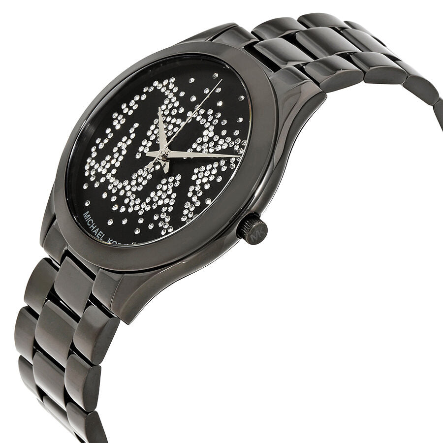 Side angle view of Michael Kors Slim Runway ladies watch with black dial and gunmetal bracelet
