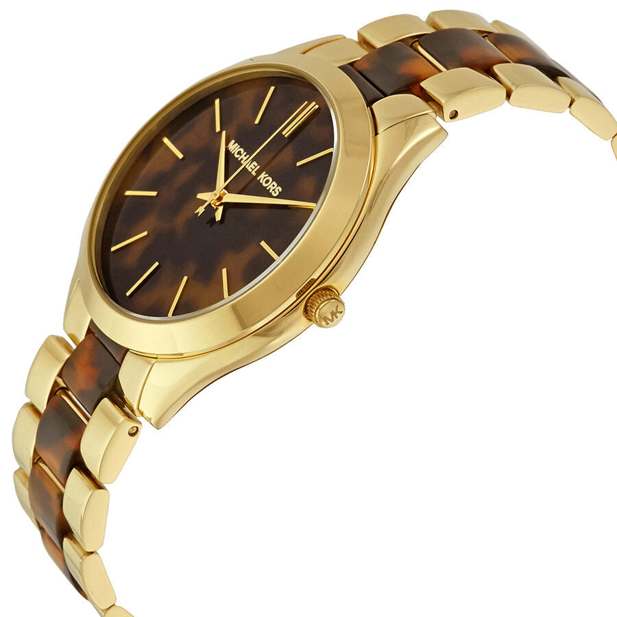 Michael Kors Slim Runway watch angled view showing tortoise-shell dial and two-tone bracelet