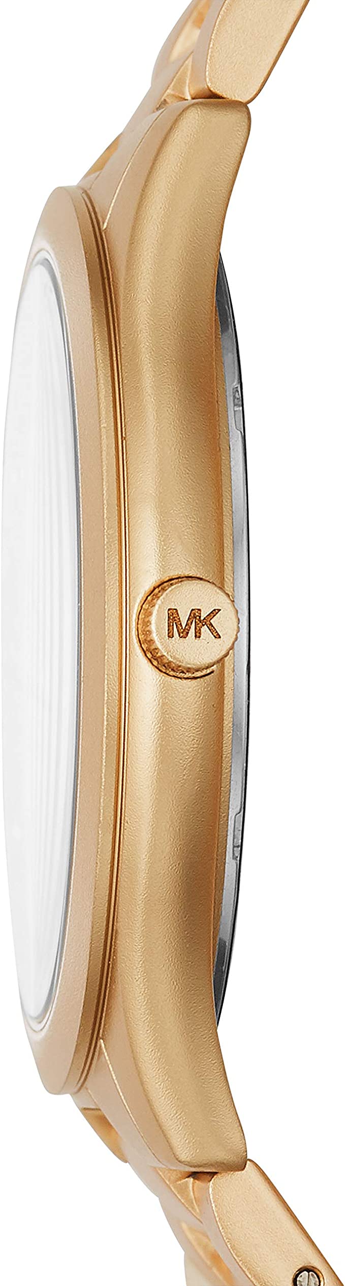 Side view of Michael Kors Slim Runway watch showing slender gold-tone case profile and MK logo