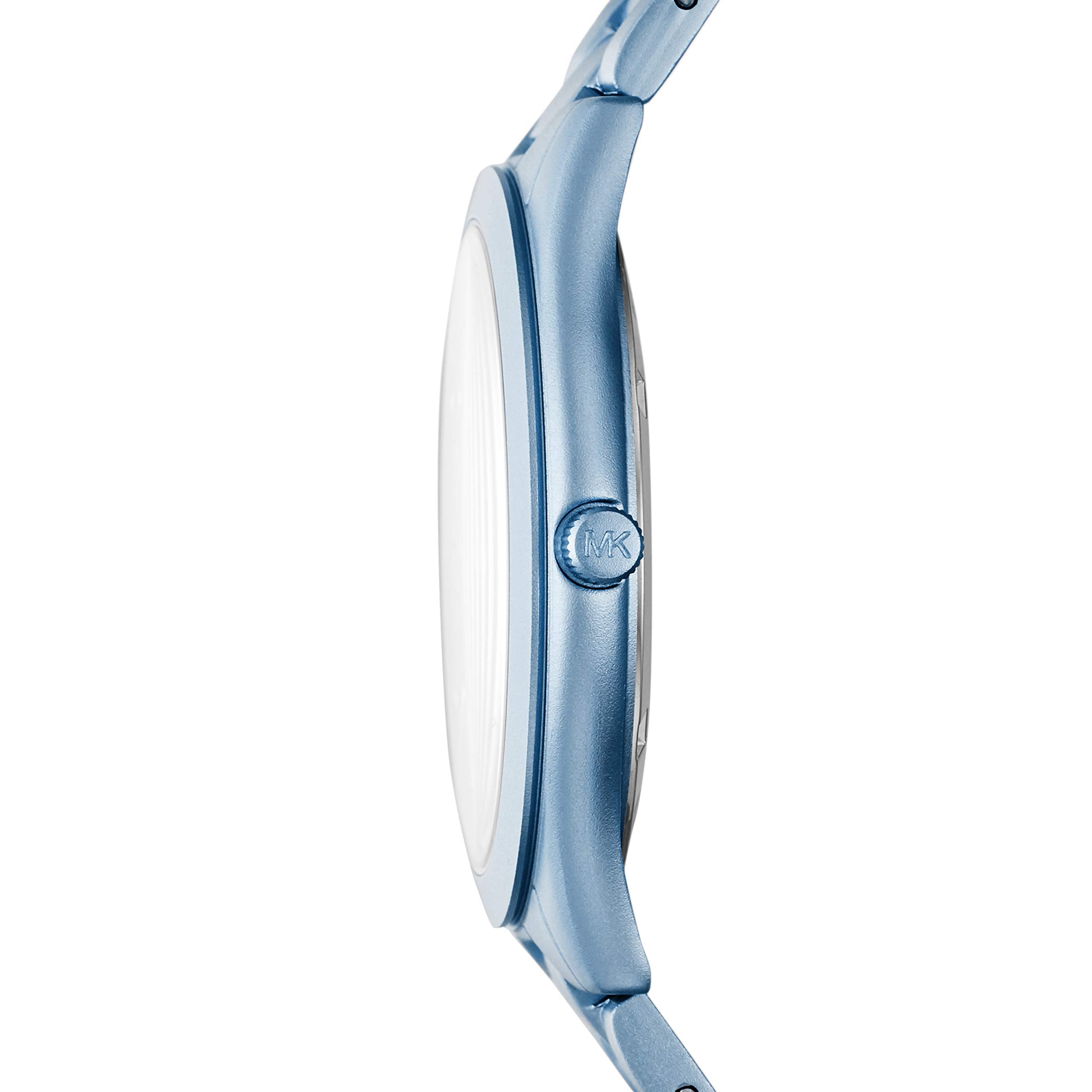 Side profile of Michael Kors Slim Runway watch showing thin case and blue bracelet