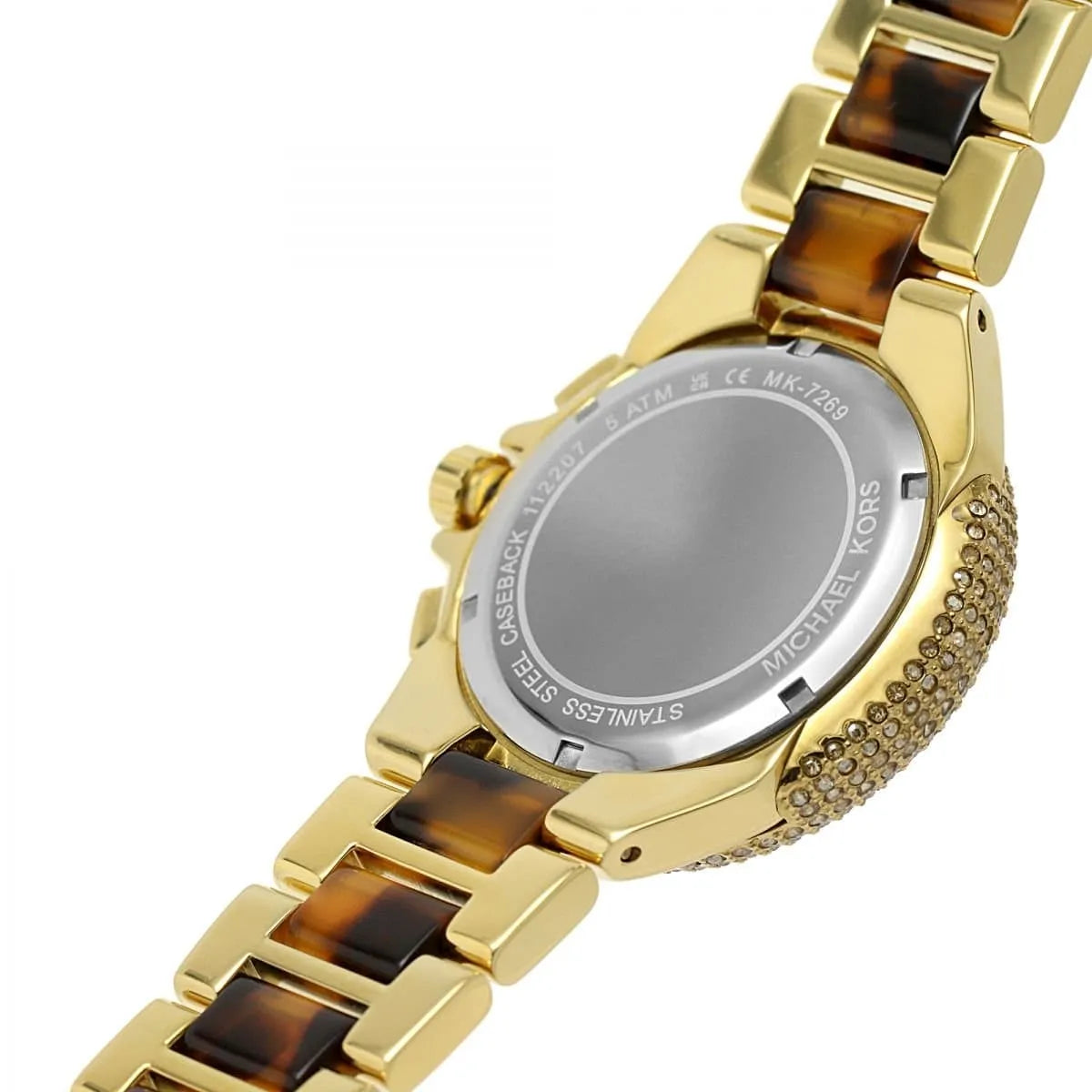 Michael Kors MK7269 watch caseback showing stainless steel backing and tortoiseshell strap