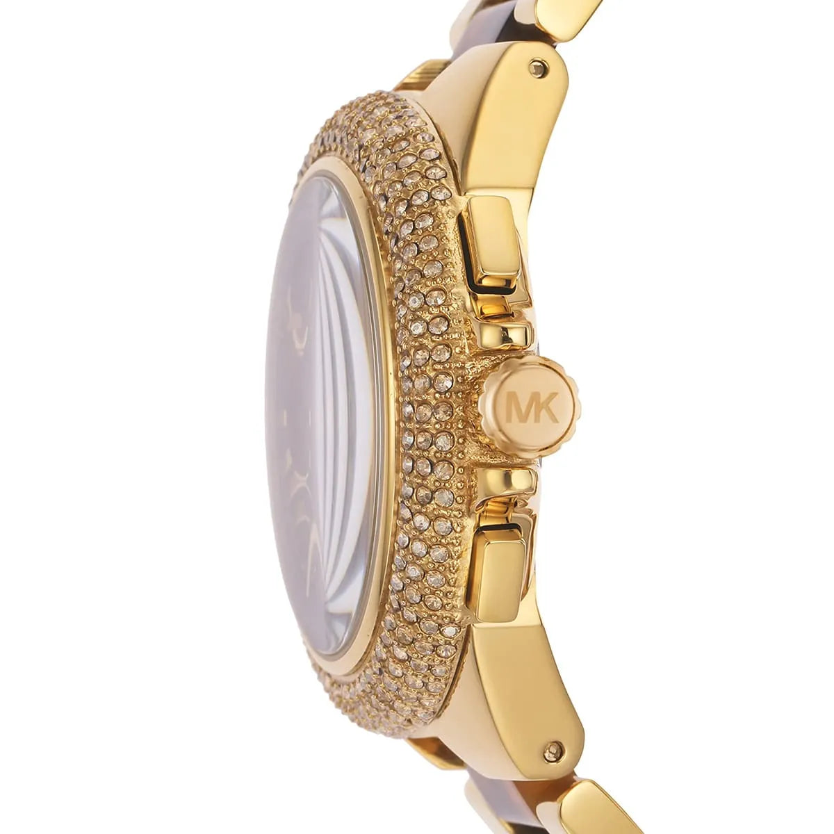 Michael Kors MK7269 watch side profile showing crystal pave case and tortoiseshell accents