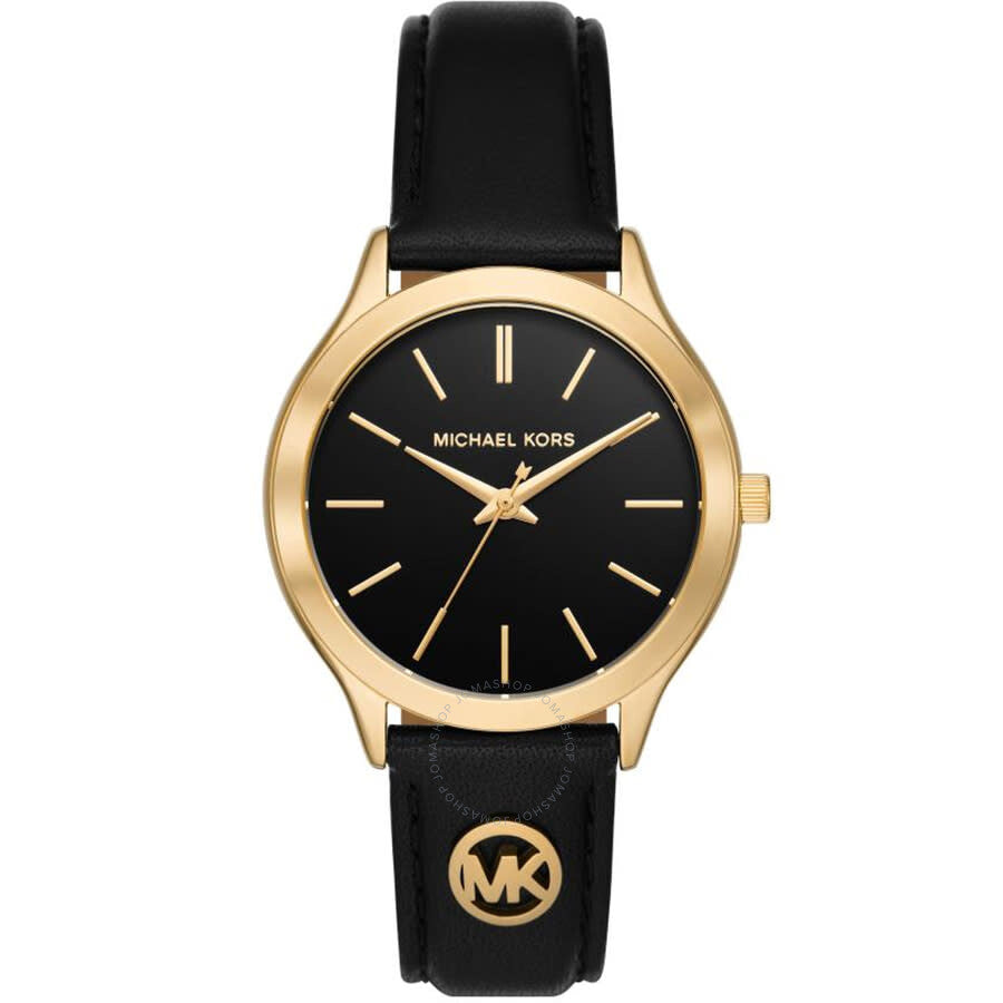 Michael Kors Slim Runway gold-tone watch with black dial and black leather strap