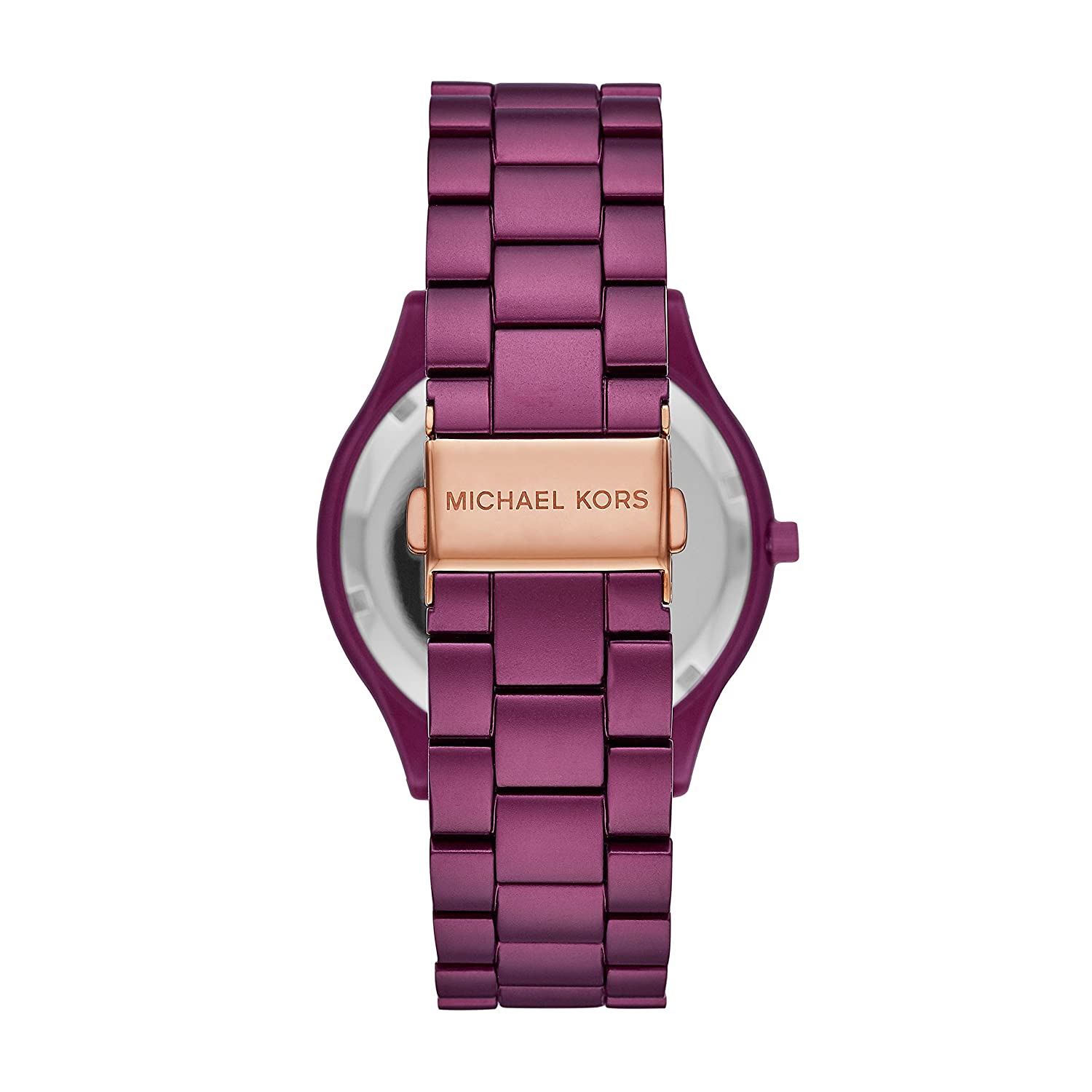 Michael Kors Slim Runway purple watch caseback showing bracelet attachment and MK branding