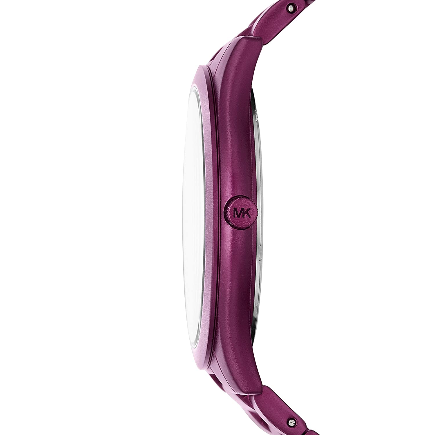Side view of Michael Kors Slim Runway purple watch showing case profile and strap