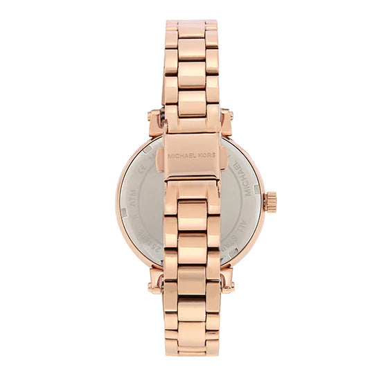 Caseback view of Michael Kors Sofie ladies watch with MK logo